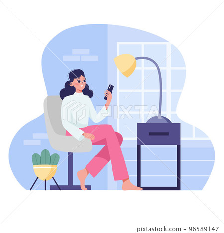 A woman is sitting on a chair with a phone in her hands on the background of room interior. Flat vector illustration. 96589147