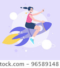Woman flies on the rocket on the background of space. The concept of growth, learning, moving forward. 96589148
