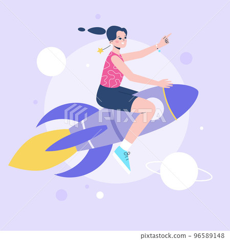 Woman flies on the rocket on the background of space. The concept of growth, learning, moving forward. 96589148