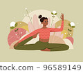 Woman doing yoga pose on nature background with leaves. Concept illustration for yoga, pilates. 96589149