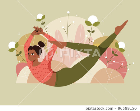 Woman doing yoga pose on nature background with leaves. Concept illustration for yoga, pilates. 96589150