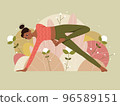 Woman doing yoga pose on nature background with leaves. Concept illustration for yoga, pilates. 96589151