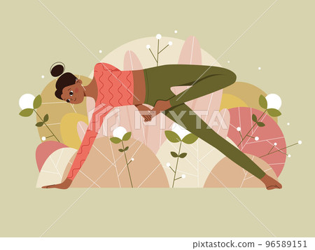 Woman doing yoga pose on nature background with leaves. Concept illustration for yoga, pilates. 96589151