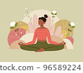 Woman in meditation pose on nature background with leaves. Concept illustration for yoga, meditation. 96589224