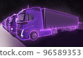 Trucks in neon light against the background of the night starry sky. Round-the-clock transportation of goods in containers. Automotive logistics of Cargo transportation. 96589353