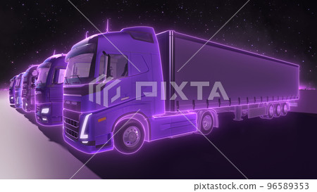 Trucks in neon light against the background of the night starry sky. Round-the-clock transportation of goods in containers. Automotive logistics of Cargo transportation. Trucks in neon light against the background of the night starry sky. Round-the-clock transportation of goods in containers. Automotive logistics of Cargo transportation. 96589353
