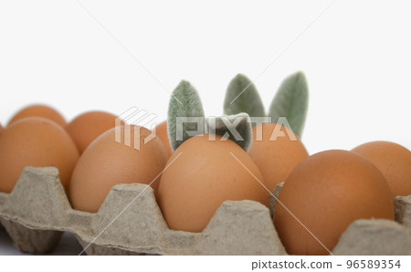 Easter eggs with ears close-up on a white background. Easter concept. 96589354