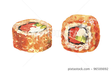 Set of sushi maki philadelphia with cream cheese and chives. Roll with salmon. Watercolor illustration isolated on white background. Set of sushi maki philadelphia with cream cheese and chives. Roll with salmon. Watercolor illustration isolated on white background. 96589892
