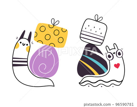 Cute Snail Character with Shell Carrying Gift Box on Its Back Vector Set Cute Snail Character with Shell Carrying Gift Box on Its Back Vector Set 96590781