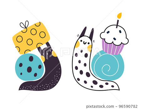 Cute Snail Character with Shell Carrying Gift Box and Cupcake on Its Back Vector Set Cute Snail Character with Shell Carrying Gift Box and Cupcake on Its Back Vector Set 96590782