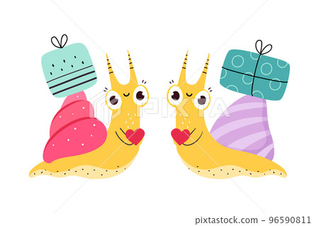 Cute Snail Character with Shell Carrying Gift Box on Its Back Vector Set Cute Snail Character with Shell Carrying Gift Box on Its Back Vector Set 96590811