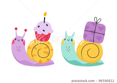 Cute Snail Character with Shell Carrying Cupcake and Gift Box on Its Back Vector Set Cute Snail Character with Shell Carrying Cupcake and Gift Box on Its Back Vector Set 96590812