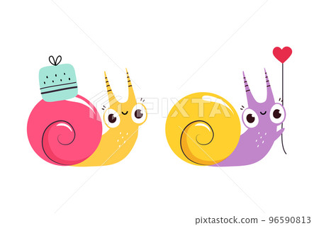 Cute Snail Character with Shell Carrying Heart and Gift Box on Its Back Vector Set Cute Snail Character with Shell Carrying Heart and Gift Box on Its Back Vector Set 96590813