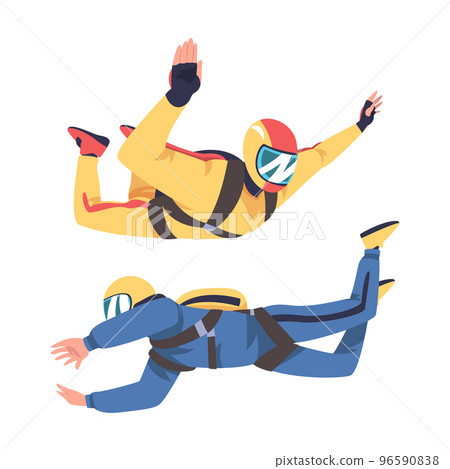 Man Parachutist Skydiving and Free-falling in the Air Descenting on the Earth Vector Set Man Parachutist Skydiving and Free-falling in the Air Descenting on the Earth Vector Set 96590838