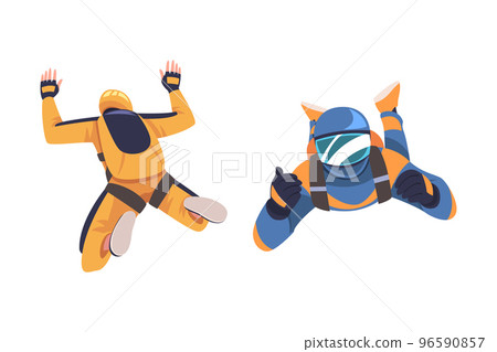 Man Parachutist Skydiving and Free-falling in the Air Descenting on the Earth Vector Set 96590857