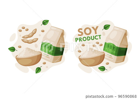 Natural Soy Products from Soybean Plant with Flour Package and Pod Vector Composition Set 96590868