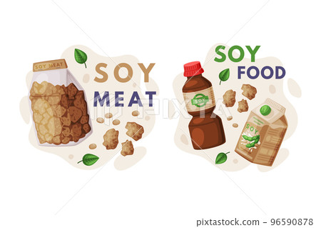 Natural Soy Products from Soybean Plant with Meat, Milk and Sauce Vector Composition Set 96590878