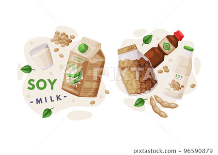 Natural Soy Products from Soybean Plant with Milk, Meat and Sauce Vector Composition Set 96590879