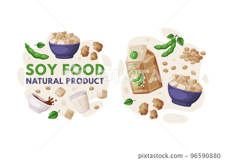 Natural Soy Products from Soybean Plant with Tofu, Milk and Sauce Vector Composition Set Natural Soy Products from Soybean Plant with Tofu, Milk and Sauce Vector Composition Set 96590880