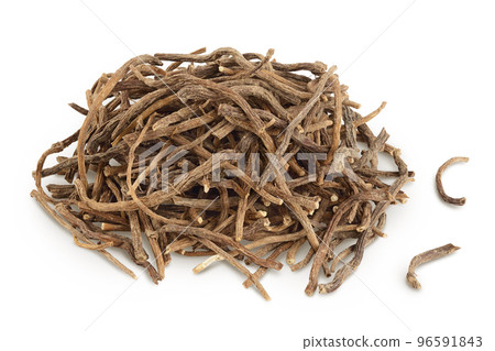 Dried Valerian root isolated on white background. Valeriana officinalis with full depth of field. Dried Valerian root isolated on white background. Valeriana officinalis with full depth of field. 96591843