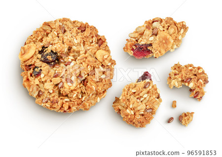 Granola cookie isolated on white background with full depth of field. Top view. Flat lay. 96591853