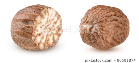 nutmeg isolated on white background macro. Set or collection 96591874
