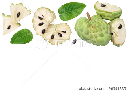 Sugar apple or custard apple isolated on white background with . Exotic tropical Thai annona or cherimoya fruit. Top view. Flat lay 96591885