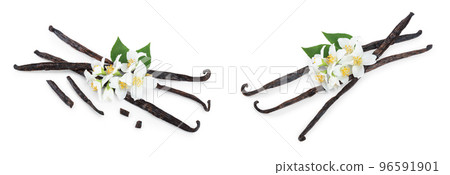 Vanilla sticks with flower and leaf isolated on white background 96591901