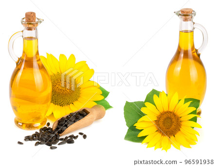 Sunflower oil, seeds and flower isolated on white background Sunflower oil, seeds and flower isolated on white background 96591938