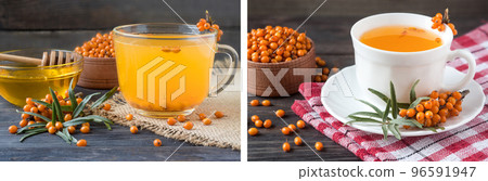Tea of sea-buckthorn berries with a sprig on sackcloth and wooden background 96591947