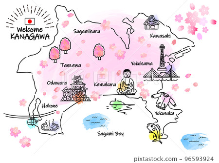 春季神奈川旅遊景點簡筆劃插畫圖（粉色） 96593924