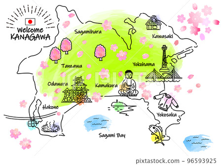 Simple line drawing illustration map of tourist spots in Kanagawa in spring (green) Simple line drawing illustration map of tourist spots in Kanagawa in spring (green) 96593925