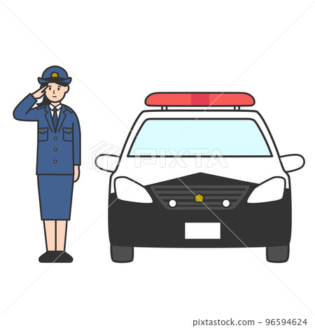 Full body illustration of a police officer saluting next to a police car 96594624