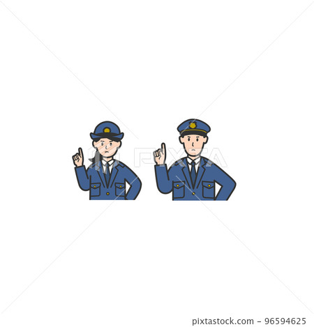 一名警官和一名舉起手指表情嚴肅的男子的上半身插圖 一名警官和一名舉起手指表情嚴肅的男子的上半身插圖 96594625