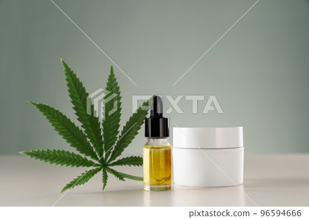 Distillation of marijuana leaf into CBD oil for dermatological purpose concept. 96594666