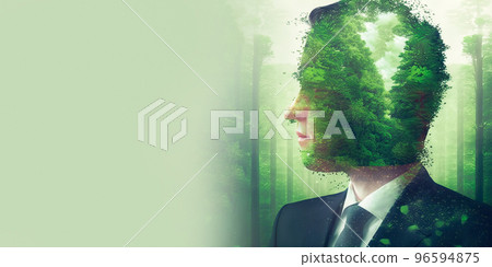 Concept of green business devotion shown by businessman and green forest trees Concept of green business devotion shown by businessman and green forest trees 96594875