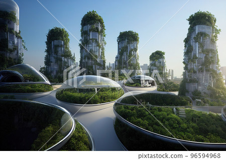 Spectacular city covered with green trees and plant. Digital art 3D illustration 96594968
