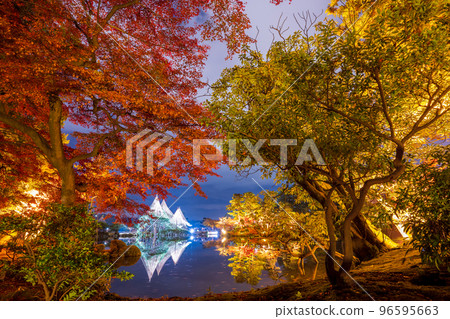 兼六園霞池的深秋紅葉夜景與白雪倒影｜石川縣金澤市 96595663