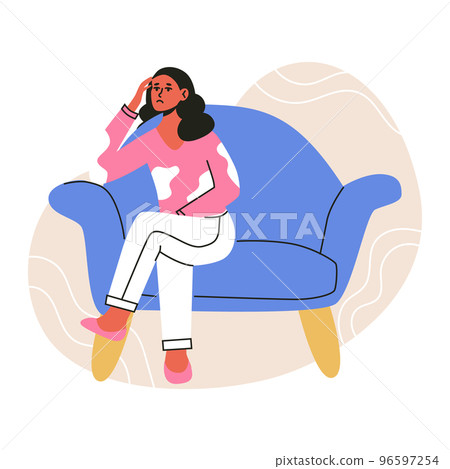 Young sad unhappy woman in depression sitting on a chair. Flat vector illustration in trendy colors, isolated on a white background 96597254