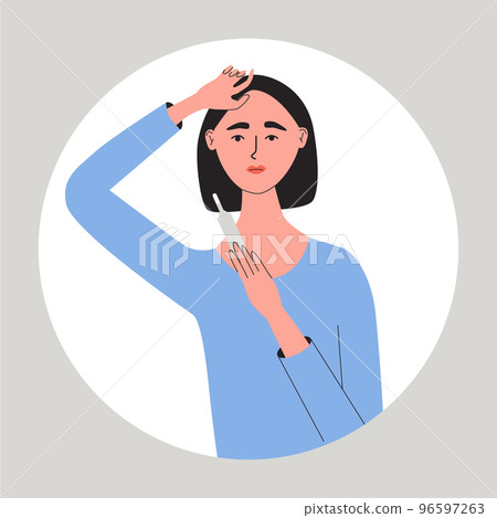 Young women suffering from a fever. Female with high temperature. Symptom of flu, cold, influenza or different disease. Flat vector medical illustration 96597263