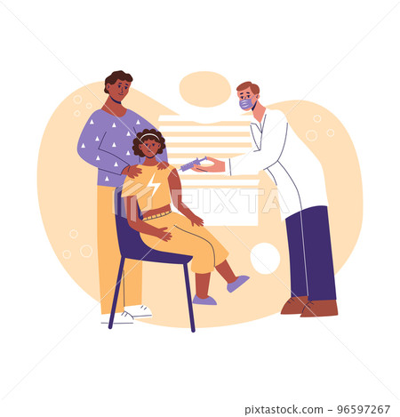 Children vaccination. Father with teenage daughter in hospital. Pediatrician doctor in medical mask make injection of flu or immunization. Healthcare, preventation, treatment vector flat illustration Children vaccination. Father with teenage daughter in hospital. Pediatrician doctor in medical mask make injection of flu or immunization. Healthcare, preventation, treatment vector flat illustration 96597267
