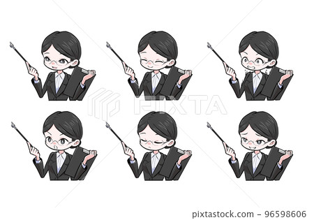 A woman in a suit with glasses giving a commentary facial expression set A woman in a suit with glasses giving a commentary facial expression set 96598606