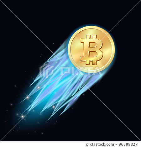 Bitcoin take off - flaming bitcoin with blue fire, flying up like rocket, cryptocurrency growth. 96599827