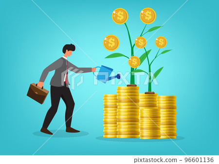Increased investment, profit growth, increased wealth or income, pension fund concept, investor, businessman watering coins to grow money plant 96601136