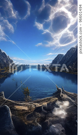 A world of blue skies and lakes Ultra-wide-angle scenery "AI-generated image" 96601494