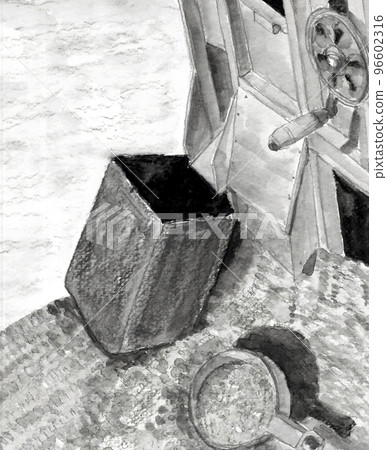 Ancient farming equipment drawn by watercolor Ink painting style illustration of farm work using Toumi Monotone 96602316