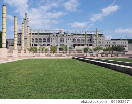 Grassy field and stadium in Barcelona city, Spain 96603257