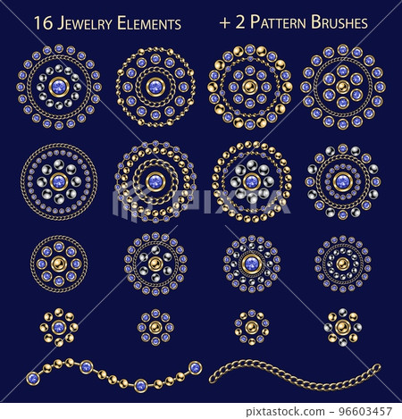 Set of jewellery elements, pattern chain brushes. Big, small round design elements made of gold, silver ball beads, blue rhinestones, jewelry chains. Blue background. Vintage style Set of jewellery elements, pattern chain brushes. Big, small round design elements made of gold, silver ball beads, blue rhinestones, jewelry chains. Blue background. Vintage style 96603457