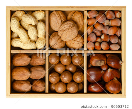 Mix of six different nuts in their shells, decorative assorted, in wooden box with compartments. Peanuts, walnuts, hazelnuts, pecans, macadamia nuts and sweet chestnuts. Close-up, isolated from above. Mix of six different nuts in their shells, decorative assorted, in wooden box with compartments. Peanuts, walnuts, hazelnuts, pecans, macadamia nuts and sweet chestnuts. Close-up, isolated from above. 96603712