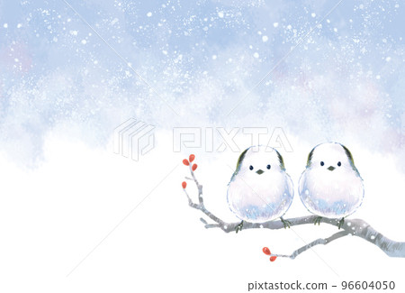 Template for winter greetings without letters A cute illustration of a long-tailed long-tailed moth perching on a branch 96604050